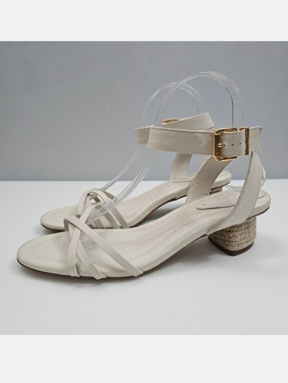 Schutz Alexandra Sandal Women 8.5 Cream Ivory Leather Mid Block Heel Ankle Strap